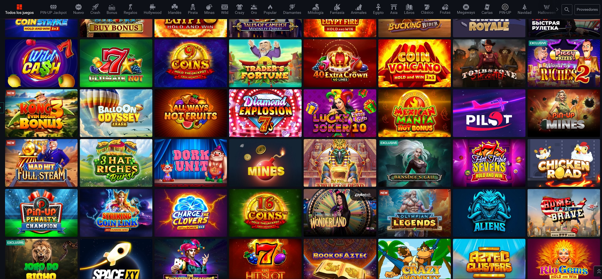 Página principal de Pin Up Casino con juegos de azar y promociones